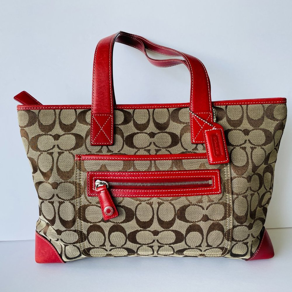 Coach Signature Tan and Red Leather Handbag Tote - Picture 3 of 8